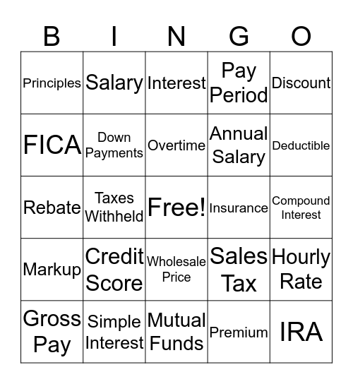 Consumer Math Bingo Card