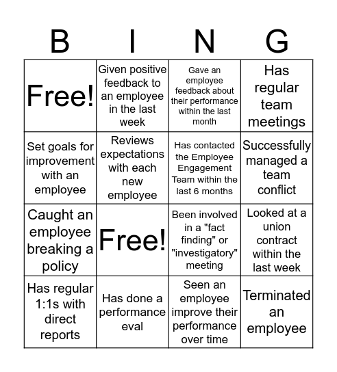 Performance Management Bingo Card