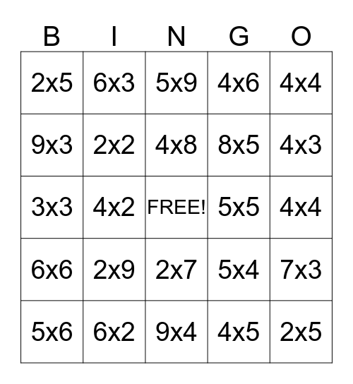 3rd & 4th Grade Multiplication Bingo Card