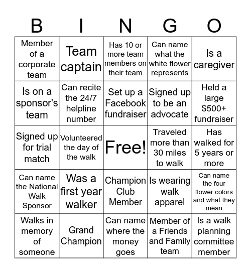 Walk to End Alzheimer's Bingo Card