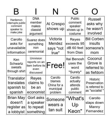 Miami City Commission Bingo Card