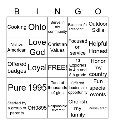 American Heritage Girls History Bingo Card