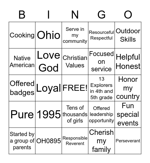 American Heritage Girls History Bingo Card