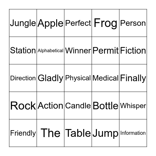 5th Grade Bingo Card