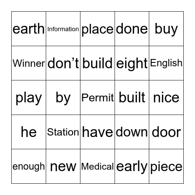 5th Grade Bingo Card
