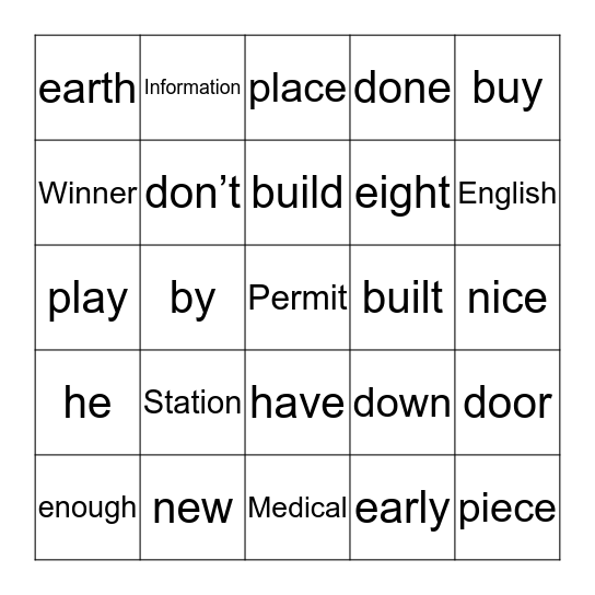 5th Grade Bingo Card