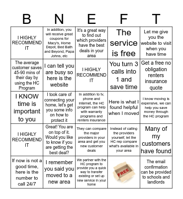 Benefit Statement Bingo Card