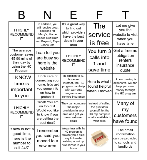 Benefit Statement Bingo Card
