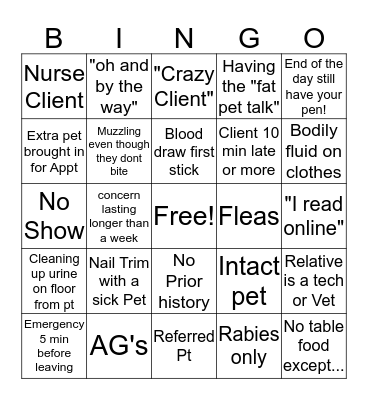 Vet Tech Bingo! Bingo Card