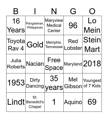 Liberty's 60th Birthday Bingo Card