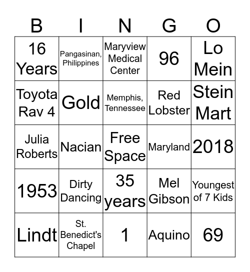 Liberty's 60th Birthday Bingo Card