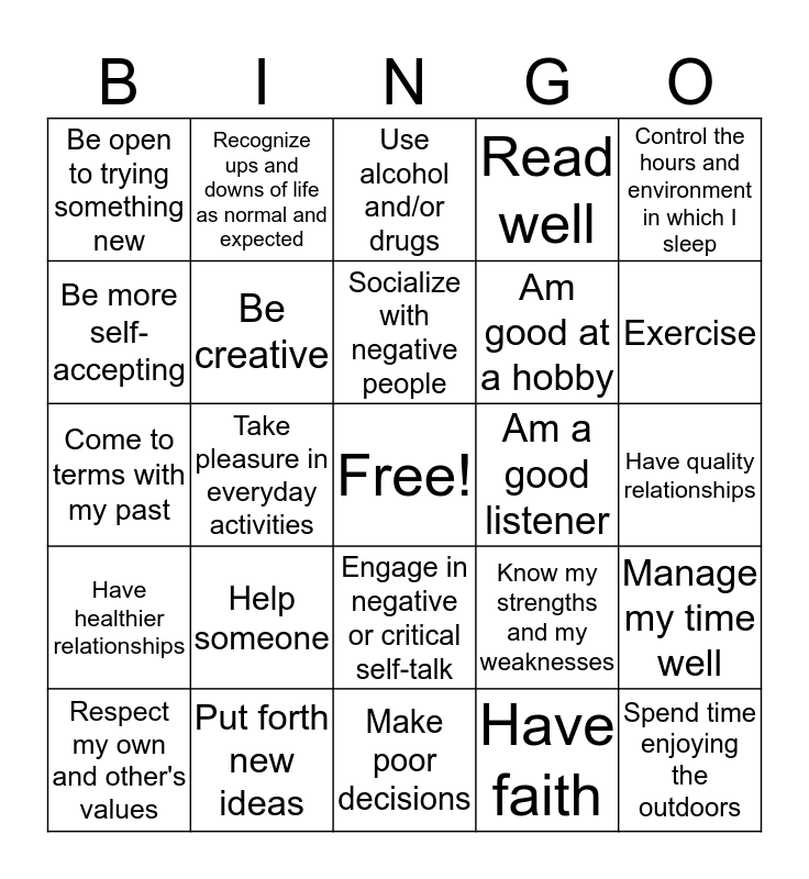 Self-Esteem Bingo Card