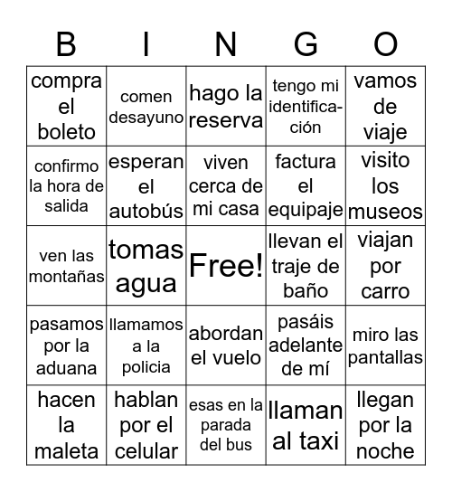 Verbos en Español Bingo Card