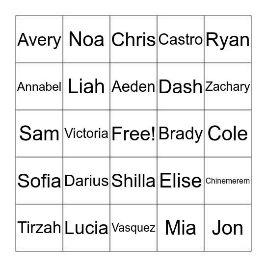 1Ca Name Bingo Card