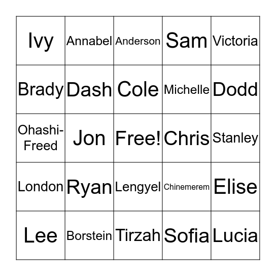1Ca Name Bingo Card