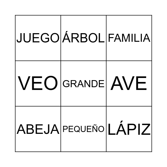 Kindergarten_Palabras Bingo Card