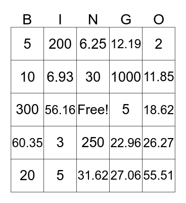 Decimal Division Bingo Card