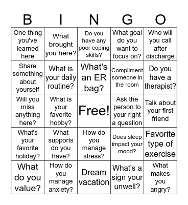 Aftercare Bingo  Bingo Card