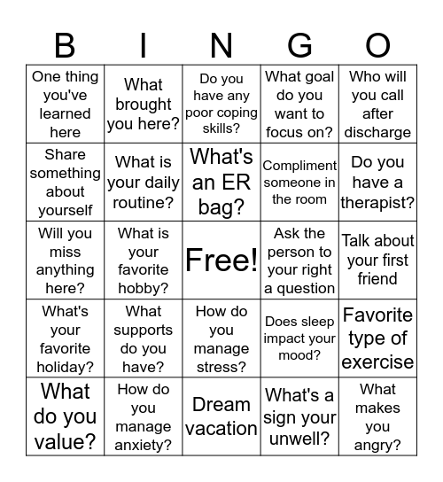 Aftercare Bingo  Bingo Card