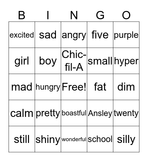 Adjectives and Nouns Bingo Card