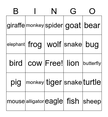 Animals Bingo Card