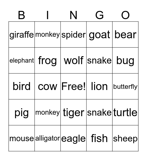 Animals Bingo Card