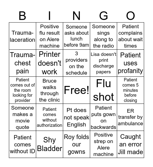 Clinic Bingo Card