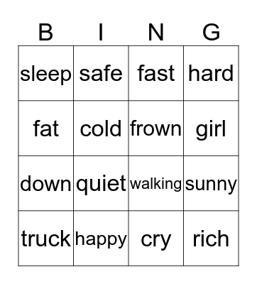 antonyms Bingo Card