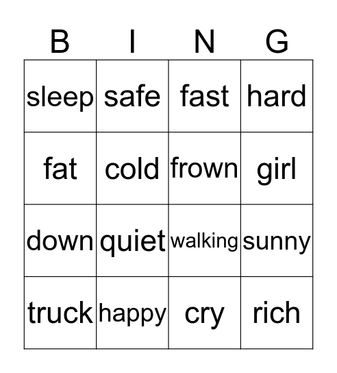 antonyms Bingo Card