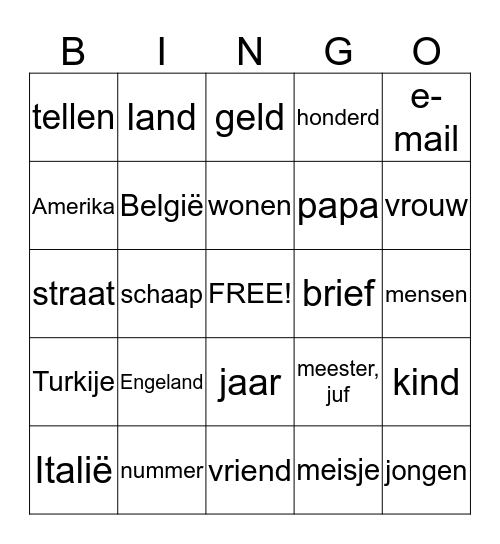 English Bingo Card