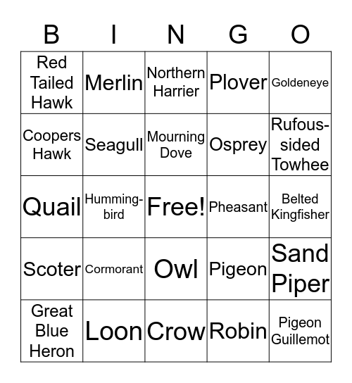 Whidbey Island Bird Bingo Card