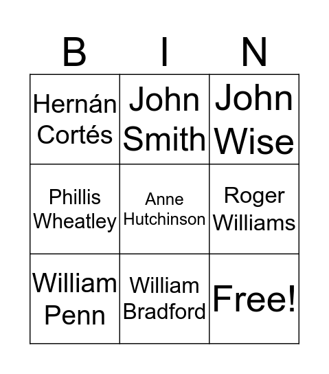 Colonial Leaders and Other Important People Bingo Card