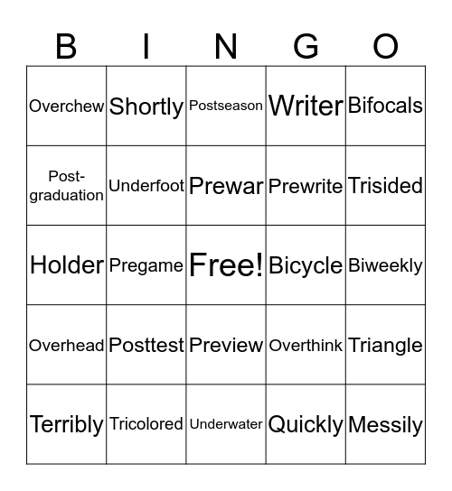 Prefix Review Bingo Card