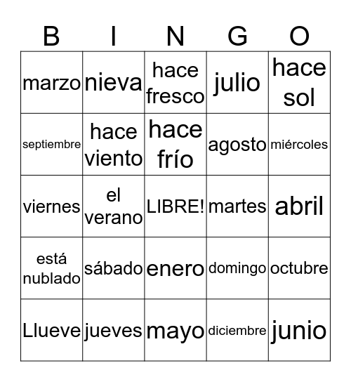 El tiempo y las estaciones Bingo Card