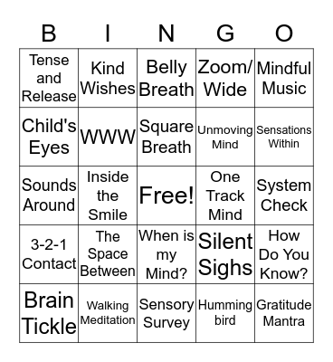 Mindfulness Bingo Card