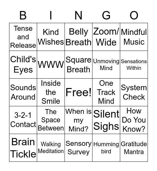 Mindfulness Bingo Card