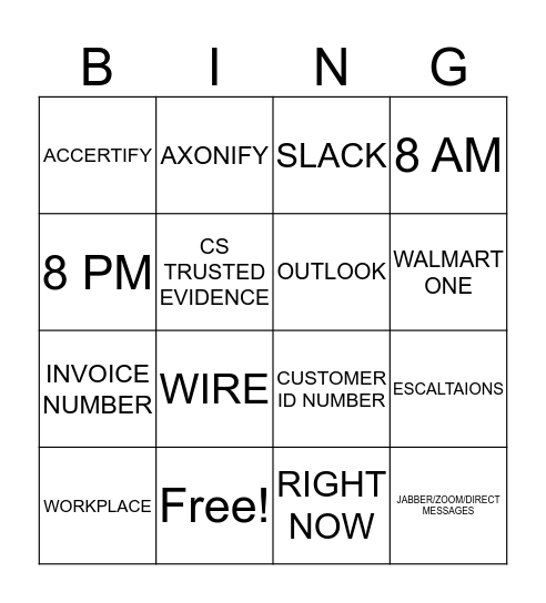 Payment Contact Center Bingo Card