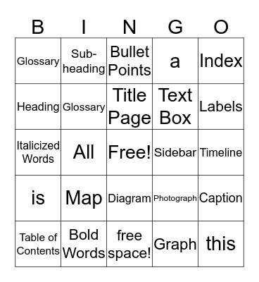 Text Features BINGO Card