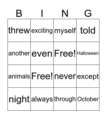 Spelling Group B Bingo Card
