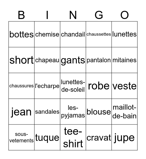 Les Vetements Bingo Card