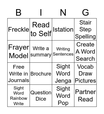 Reading Center Bingo Card