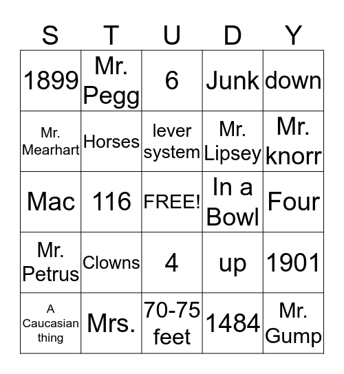 Study Hall Bingo Card