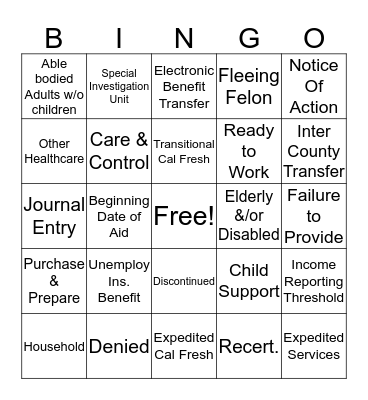 Cal Fresh Accronym BINGO Card