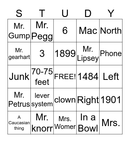 Study Hall Bingo Card