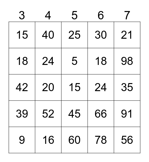 3x1 through 7x15 Bingo Card