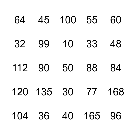 8x1 through12x15 Bingo Card