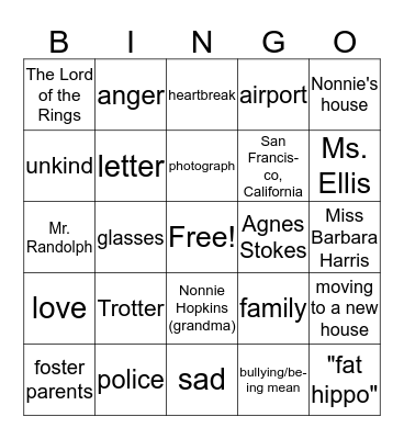 The Great Gilly Hopkins Bingo Card