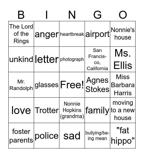 The Great Gilly Hopkins Bingo Card