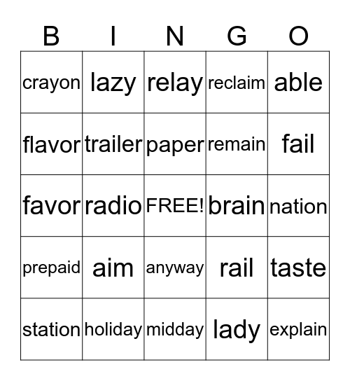 Spelling List 3 Bingo Card