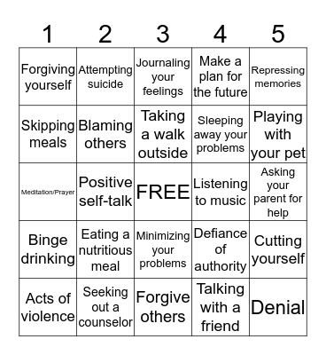 Coping Mechanism Bingo Card